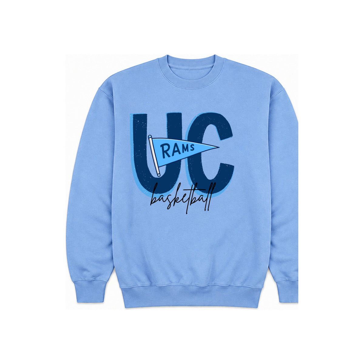 Rams Pennant sweatshirt Carolina Blue — centered standard-size print at corrected chest height
