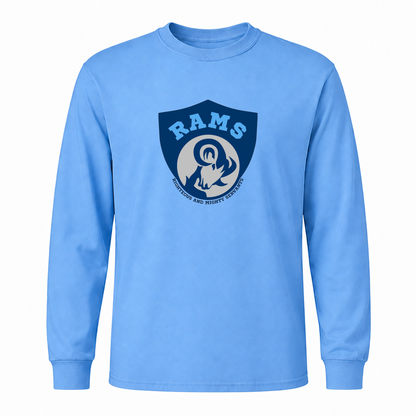 Rams Logo Cotton long sleeve in Carolina Blue with uniformly sized centered front DTF print
