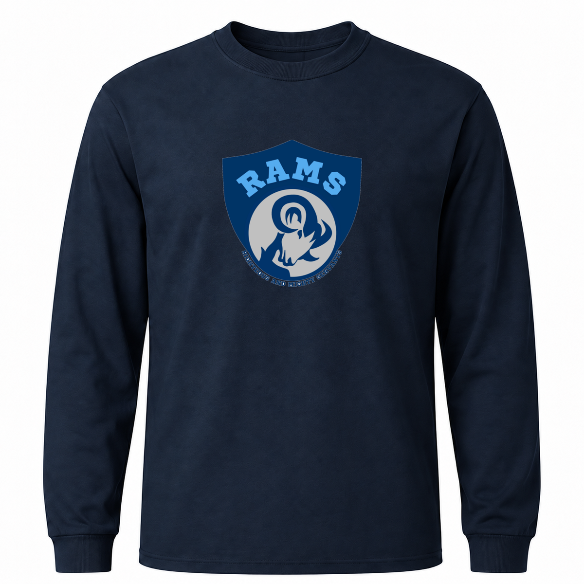 Rams Logo Cotton long sleeve in Navy with uniformly sized centered front DTF print