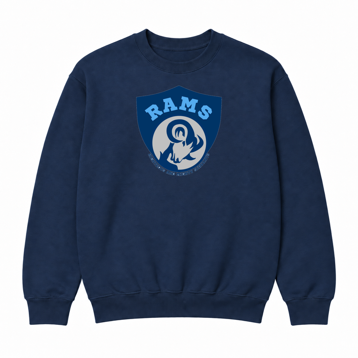 Rams Logo Crewneck sweatshirt in Navy with uniformly sized centered front DTF print