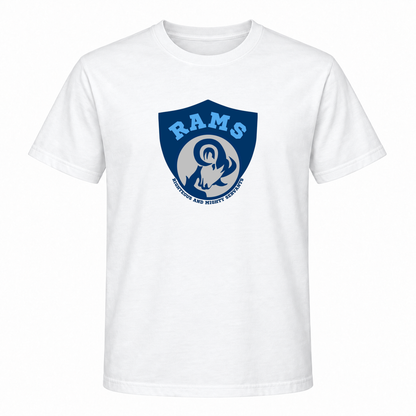 Rams Logo Short sleeve in White with uniformly sized centered front DTF print
